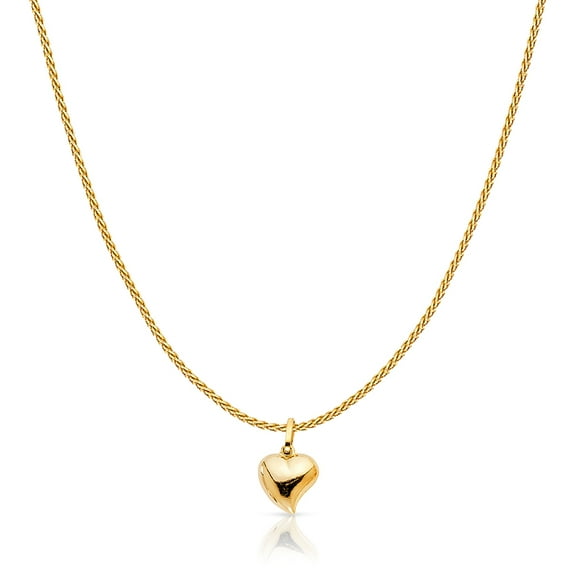 14K Yellow Solid Gold Plain Heart Charm Pendant with 0.9mm Wheat Chain Necklace