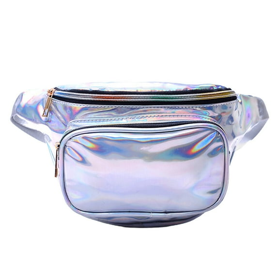 Colorful Sequin Pocket Fanny Pack Reflective PU Leather Waist Pouch Shoulder Bag Chest Pouch for Women Ladies Outdoor Travel (Silver)