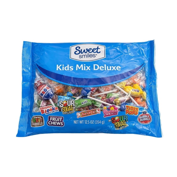 Sweet Smiles Kids Mix Deluxe Assorted Candy Variety Pack, Lollipops, Sour Candy, Fruit Chews, Gum & Classic Candy Mix, 12.5 oz