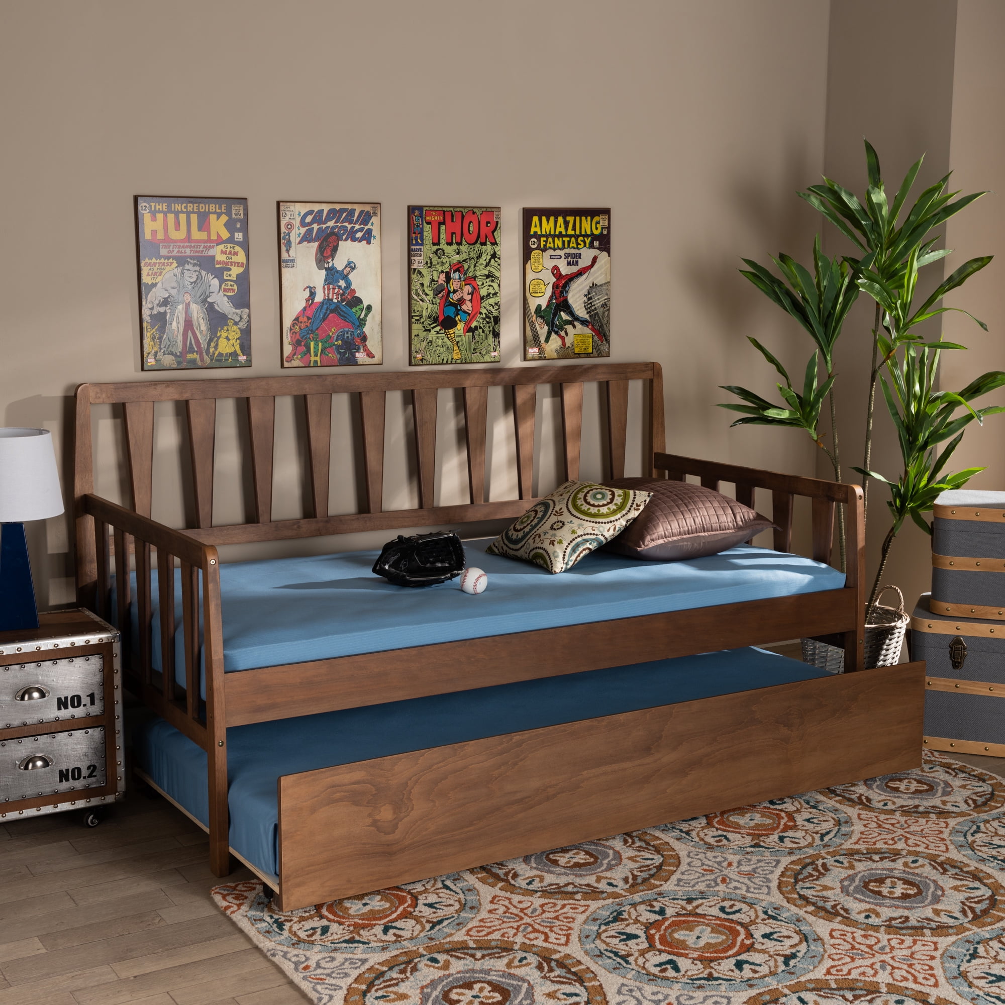 Baxton Studio Midori Modern and Contemporary Transitional Walnut Brown Finished Wood Twin Size Daybed with Roll-Out Trundle Bed