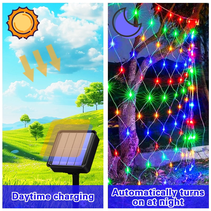 Solar Net Mesh Light 9.8ft x 6.6ft 192 LED, Waterproof Outdoor Net Light with 8 Modes for Bush, Christmas, Home, Garden Decorations(Multicolor)