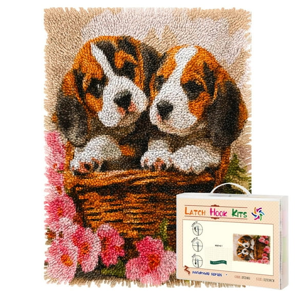Latch Hook Rug Kit Cute Beagle Puppies in Basket Flowers Pre-printed Handmade Carpet Crochet Yarn Craft DIY Hook and Latch Door Mat Tapestry for Home Floor Decoration 52x38cm-2
