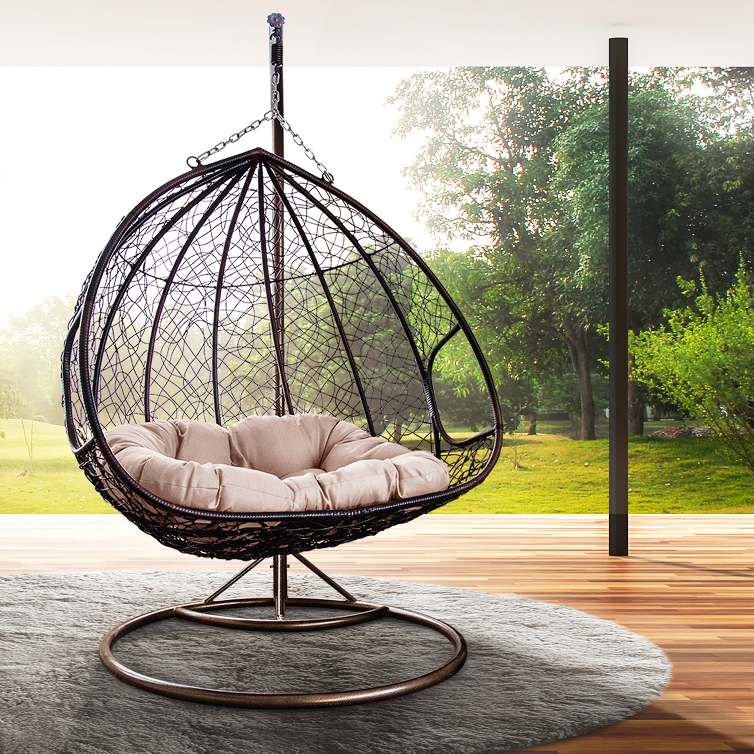 Outdoor Wicker Swing Chair - Double Seats with Rack Handle, Red Cushion Mat & Support Frame - image 2 of 7