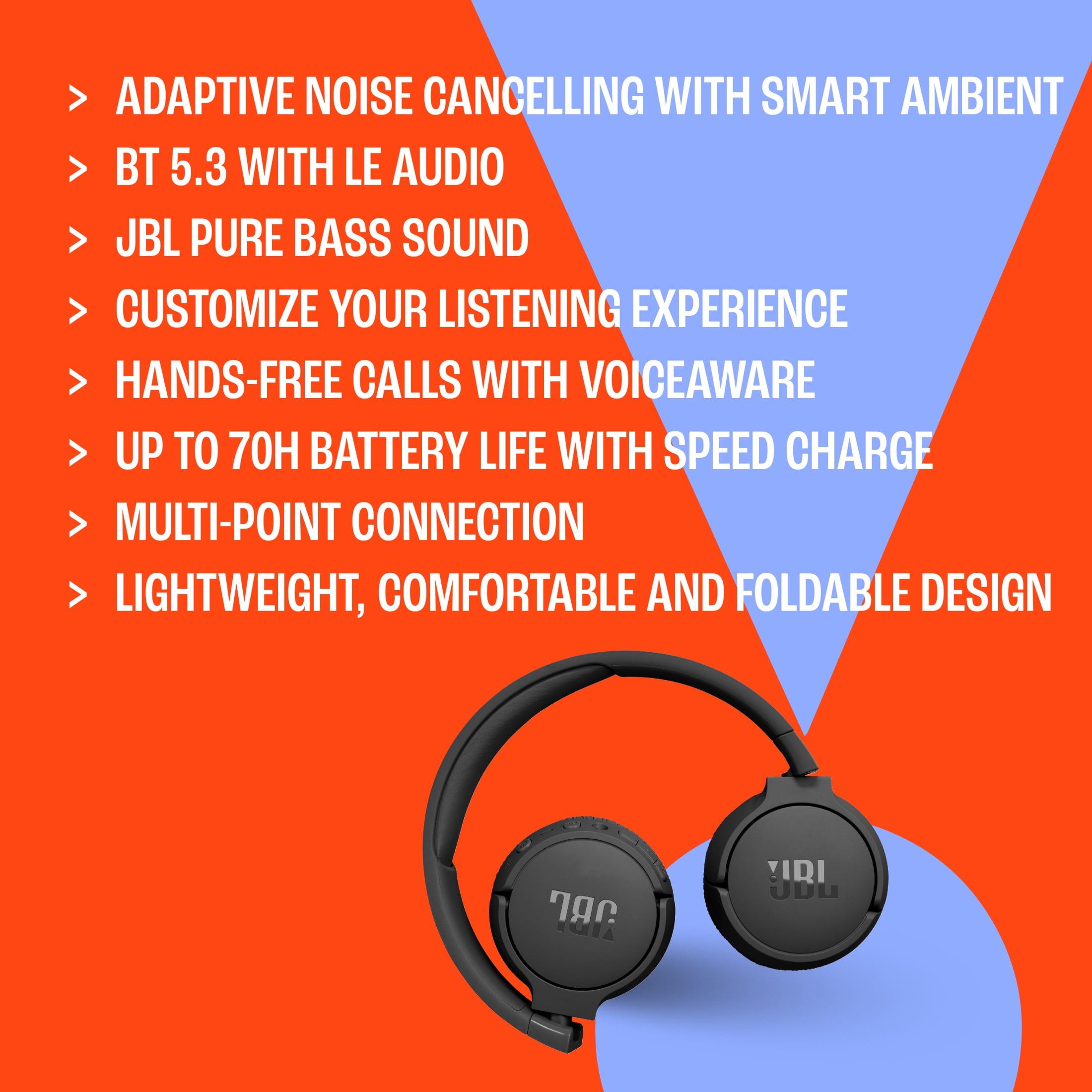 JBL Tune 670NC - Adaptive Noise Cancelling Wireless On-Ear Headphones - Blue