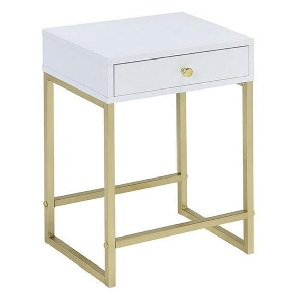 ACME Coleen 1-Drawer Metal Tube End Table in White and Brass