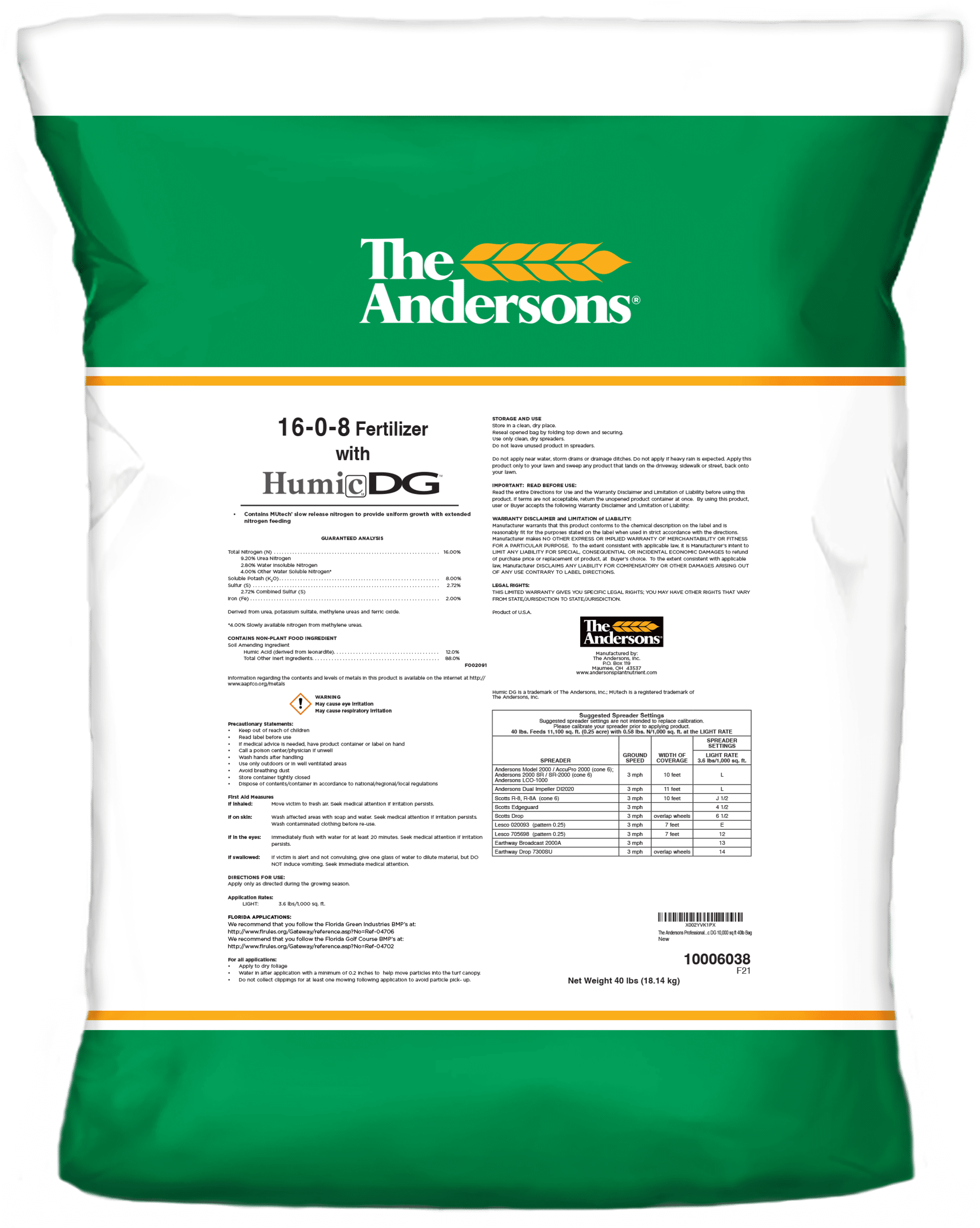 The Andersons Professional PGF 16-0-8 Fertilizer with Humic DG 10,000 sq ft 40lb Bag