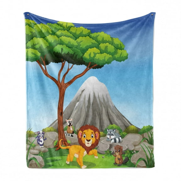 Peak Lion Soft Flannel Fleece Throw Blanket, Animals in Jungle Fauna Tree and Volcano Cartoon, Cozy Plush for Indoor and Outdoor Use, 70" x 90", Deep Sky Blue Multicolor, by Ambesonne