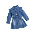 thumbnail image 1 of Xingqing Robe d'Automne pour Filles, Mode, Volants, Manches Longues, Simple Boutonnage, Col Rabattu, Robe Trapèze, Bleu, 6-7 Ans, 1 of 7
