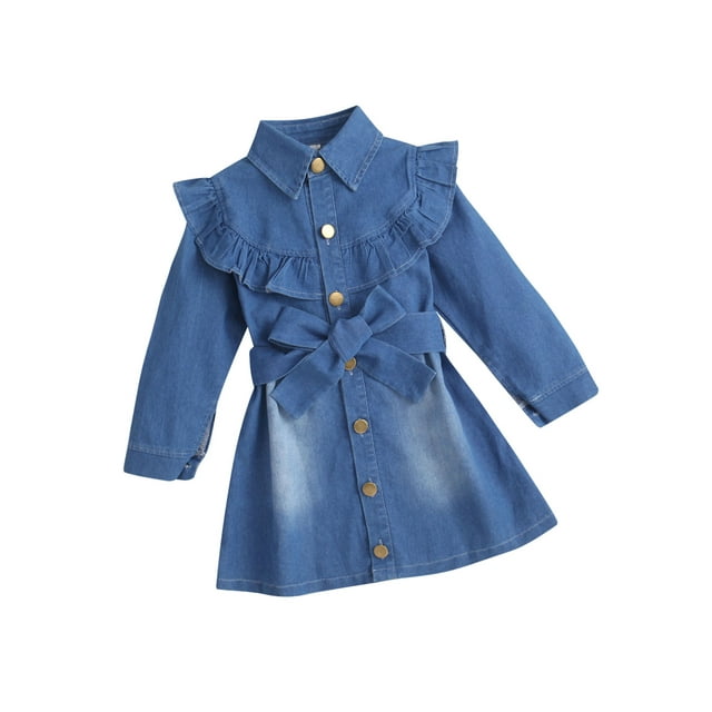 Xingqing Robe d'Automne pour Filles, Mode, Volants, Manches Longues, Simple Boutonnage, Col Rabattu, Robe Trapèze, Bleu, 6-7 Ans