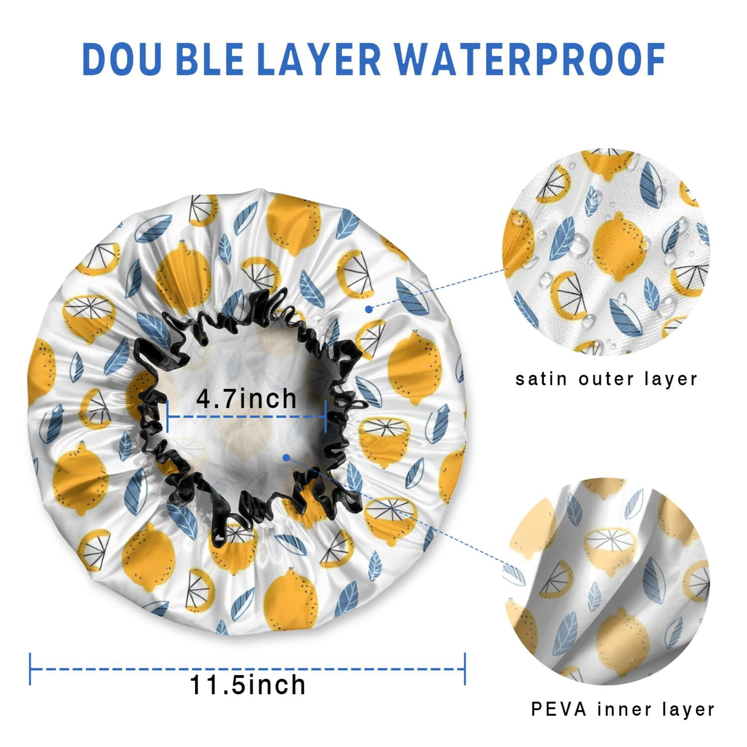 Shower Caps,Yellow Lemon Fruit Slices White Pattern Waterproof Shower Cap for Women 4 Pieces,Double Reusable Hair Cover for Shower PEVA Elastic Stretch Hem