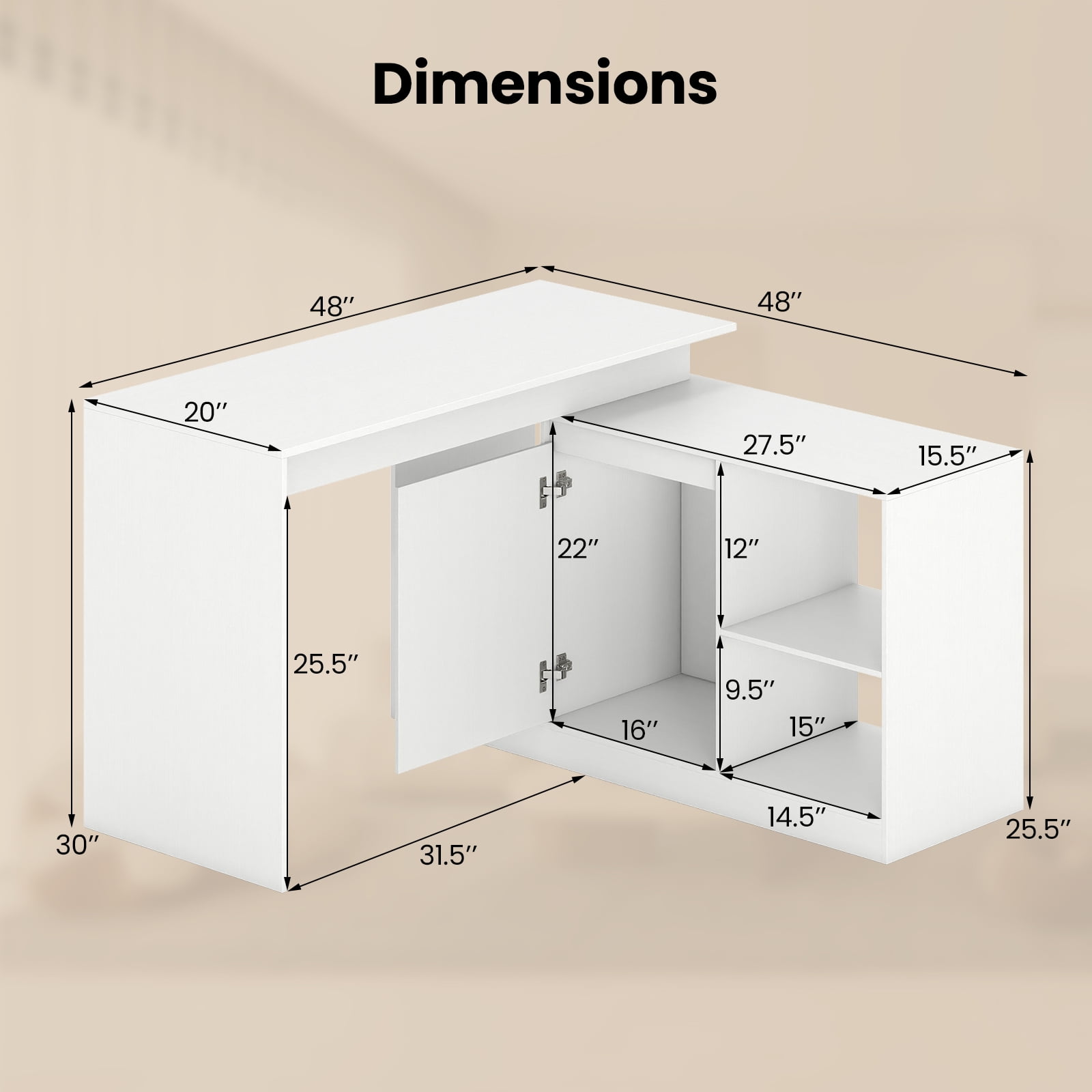 Gymax 48'' Reversible L-shaped Computer Desk w/2 Doors 4 Open Storage Cubes for Office White
