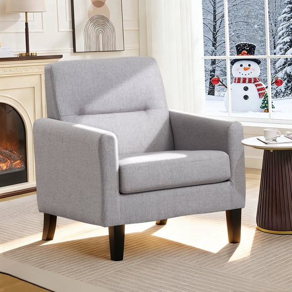 Comfy Fabric Accent Chair, Mid Century Modern Armchairs with Solid Wood Legs for Living Room, Bedroom, Apartment & Office(Light Gray)