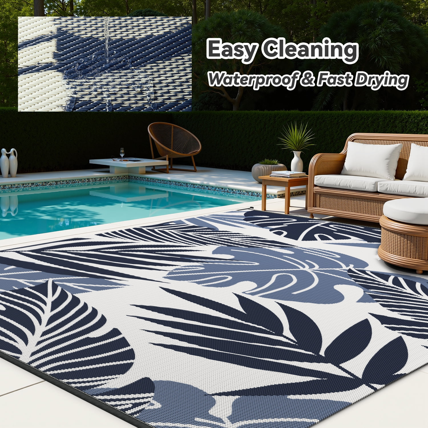 VUNATE Outdoor Rug Carpet 6'x9' Waterproof Reversible Patio Rug Portable Indoor Outdoor Rug Plastic Straw Rug for Beach RV Camping Garden Picnic Deck Backyard Tropical Porch Decor Beige and Blue