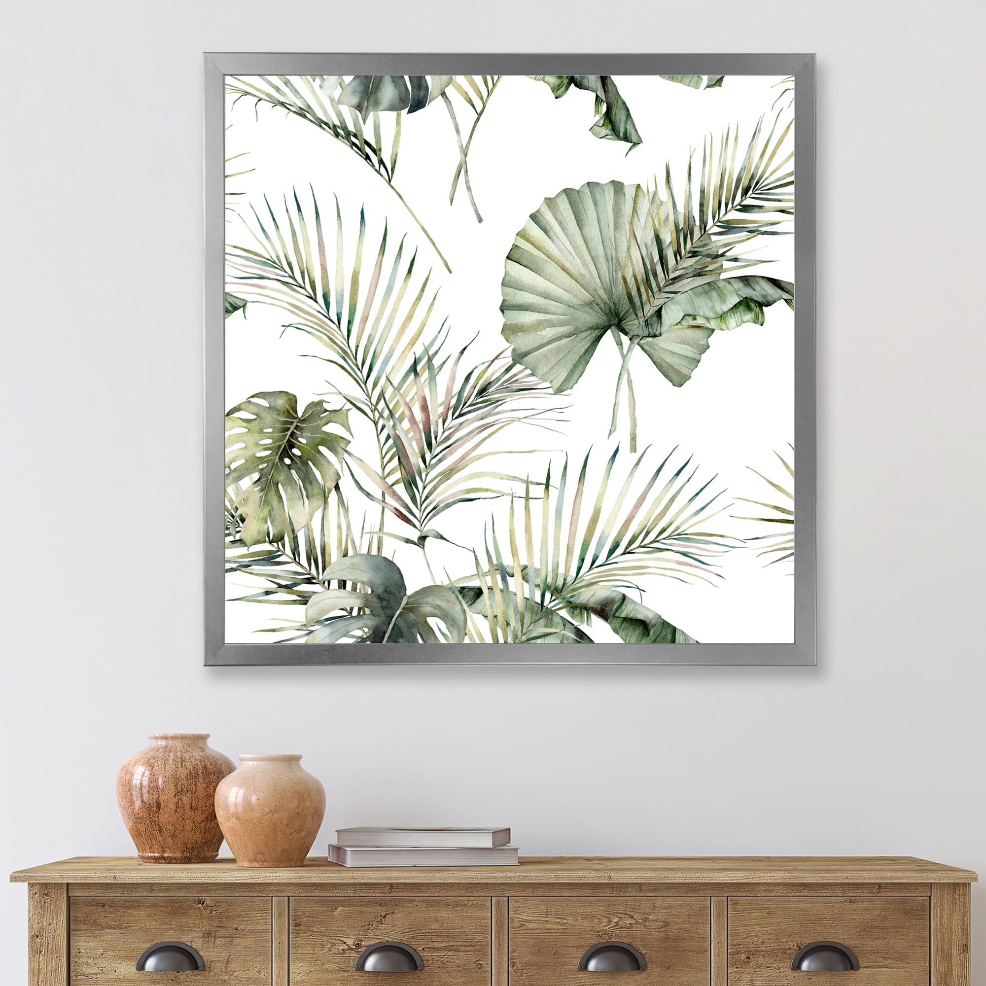 Designart 'Monstera and Coconut Leaves With Tropical Pattern' Traditional Framed Art Print