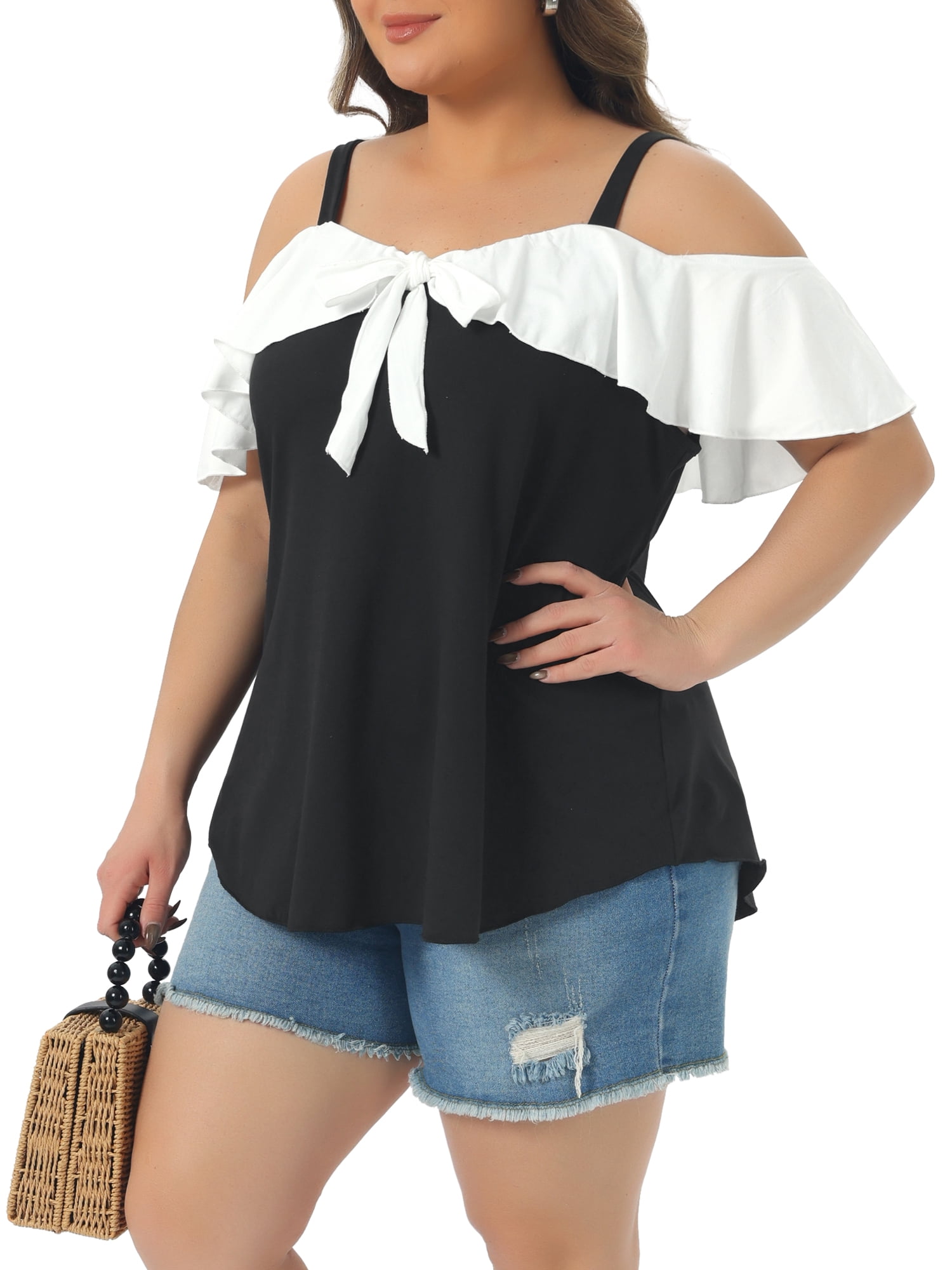 DARING DIVA Women's Plus V Neck Off Shoulder Short Sleeve Tee Tops 4X Black