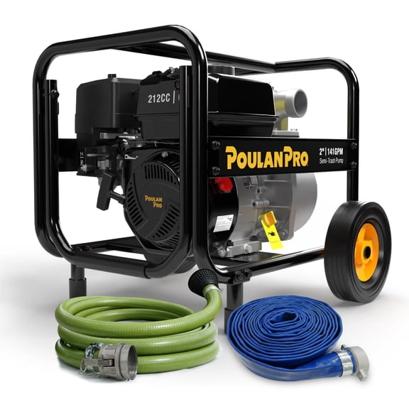 Poulan Pro Semi Trash Pump 2-Inch with Hose Kit , 50ft Discharge Hose, 12ft Suction Hose, 100ft Lift, 23ft Suction Gas Powered Water Pump with Wheels & Handle for Pond, Sewage, and Pool