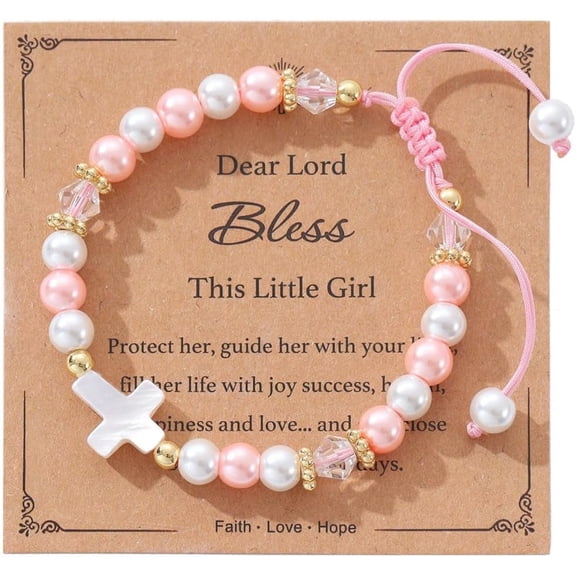 Cross Simulated Pearl Bracelet, First Communion Gifts, Baptism, Easter Gifts for Teen Girls, Faith Christian Religious Bracelet for Girls