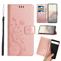 Dteck for Google Pixel 7 Case, Magnetic Closure Wallet RFID Blocking Premium Leather with Card Slots Stand Folio Flip Emboss Wrist Strap Cover for Google Pixel 7 5G (2022), Rosegold