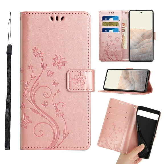 Dteck for Google Pixel 7 Case, Magnetic Closure Wallet RFID Blocking Premium Leather with Card Slots Stand Folio Flip Emboss Wrist Strap Cover for Google Pixel 7 5G (2022), Rosegold