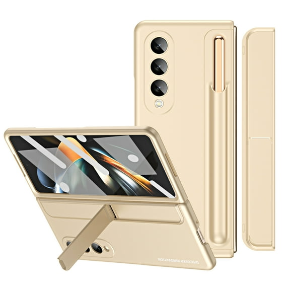 SaniMore for Samsung Galaxy Z Fold 4 Tempered Glass Screen Case, Rugged PC Case with Pen Holder Invisible Adjustable Kickstand Shockproof Protective Case for Samsung Z Fold 4, Beige
