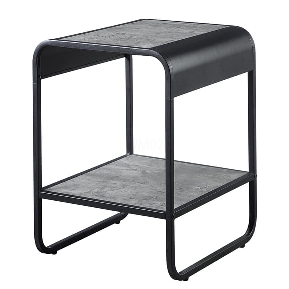 Modern Concrete Grey & Black End Table with Lower Shelf, Industrial Bedside Nightstand for Bedroom, Living Room, Accent Table