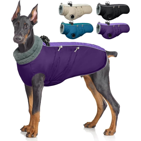 NCY Warm Dog Coat with Harness, Waterproof Reflective Dog Jackets for Small Medium Large Dogs, Fleece High Collar Winter Jacket with Zipper, Pet Winter Snowsuit Clothes for Cold Weather,Purple XL
