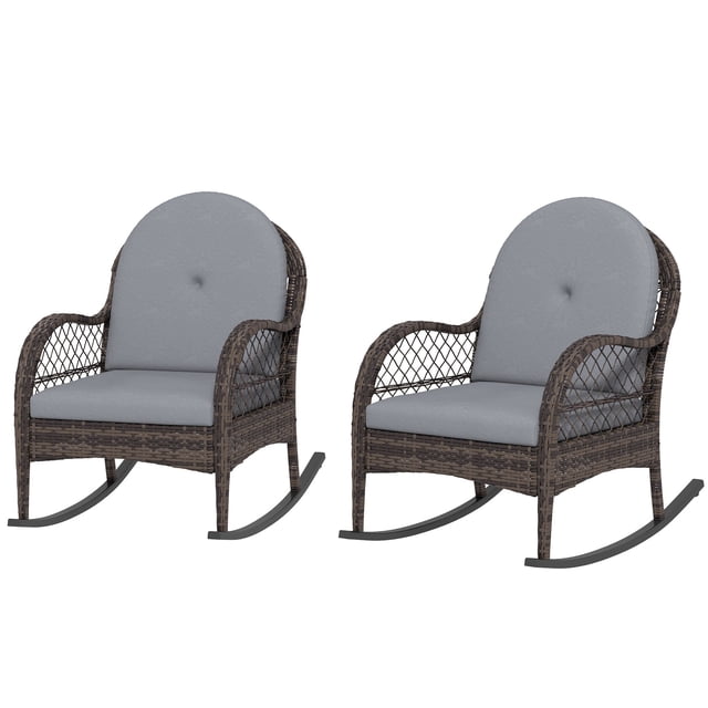 2-Piece Grey Wicker Rocking Patio Chair Set with Cushions - Indoor Outdoor Rocking Chairs for Porch, Balcony & Poolside Relaxation - 33.9" H
