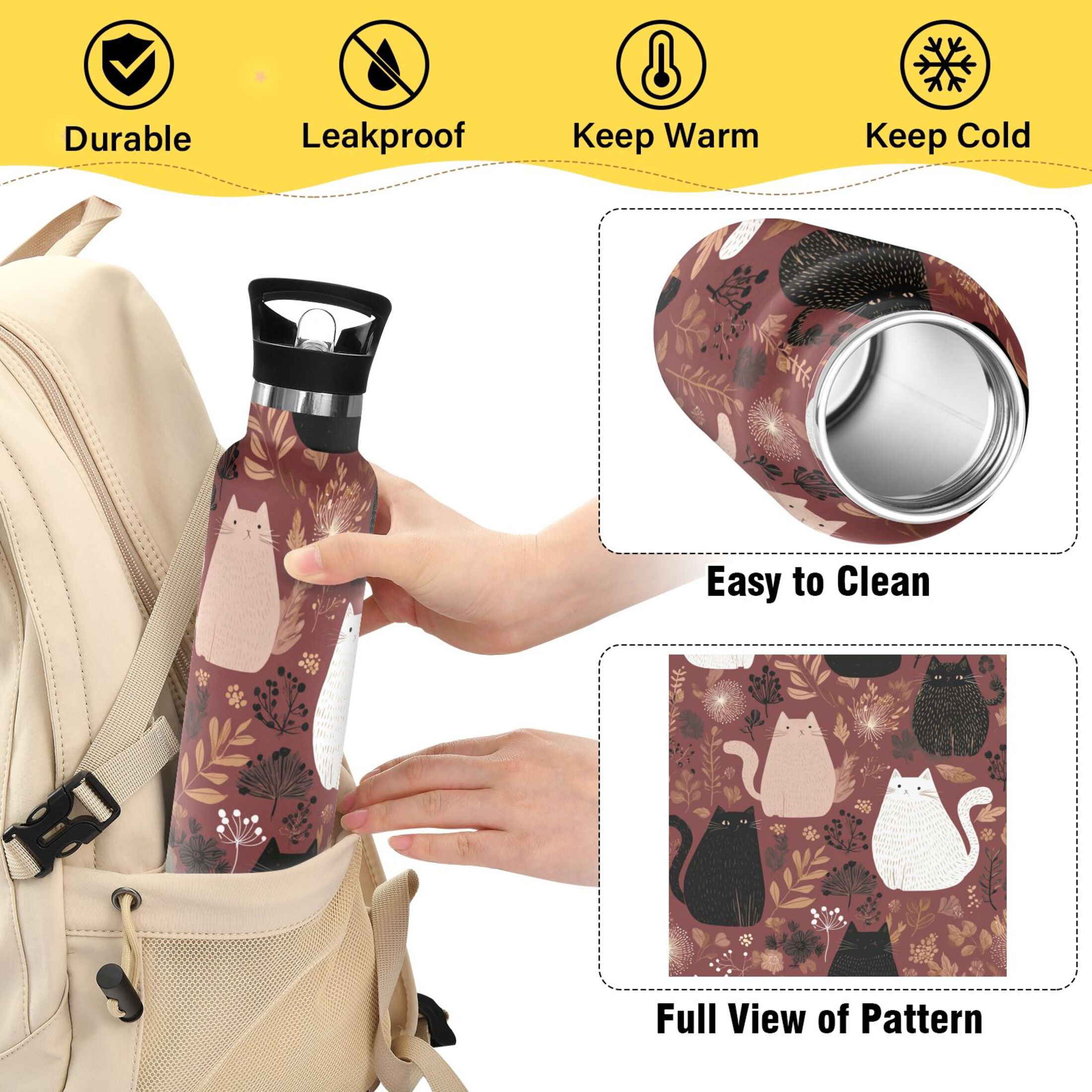 600ML Stainless Steel Insulated Cup Sports Water Bottle Portable Thermos Cup Water Glasses Insulated Tumblers Convenient and Durable Colorful Cats