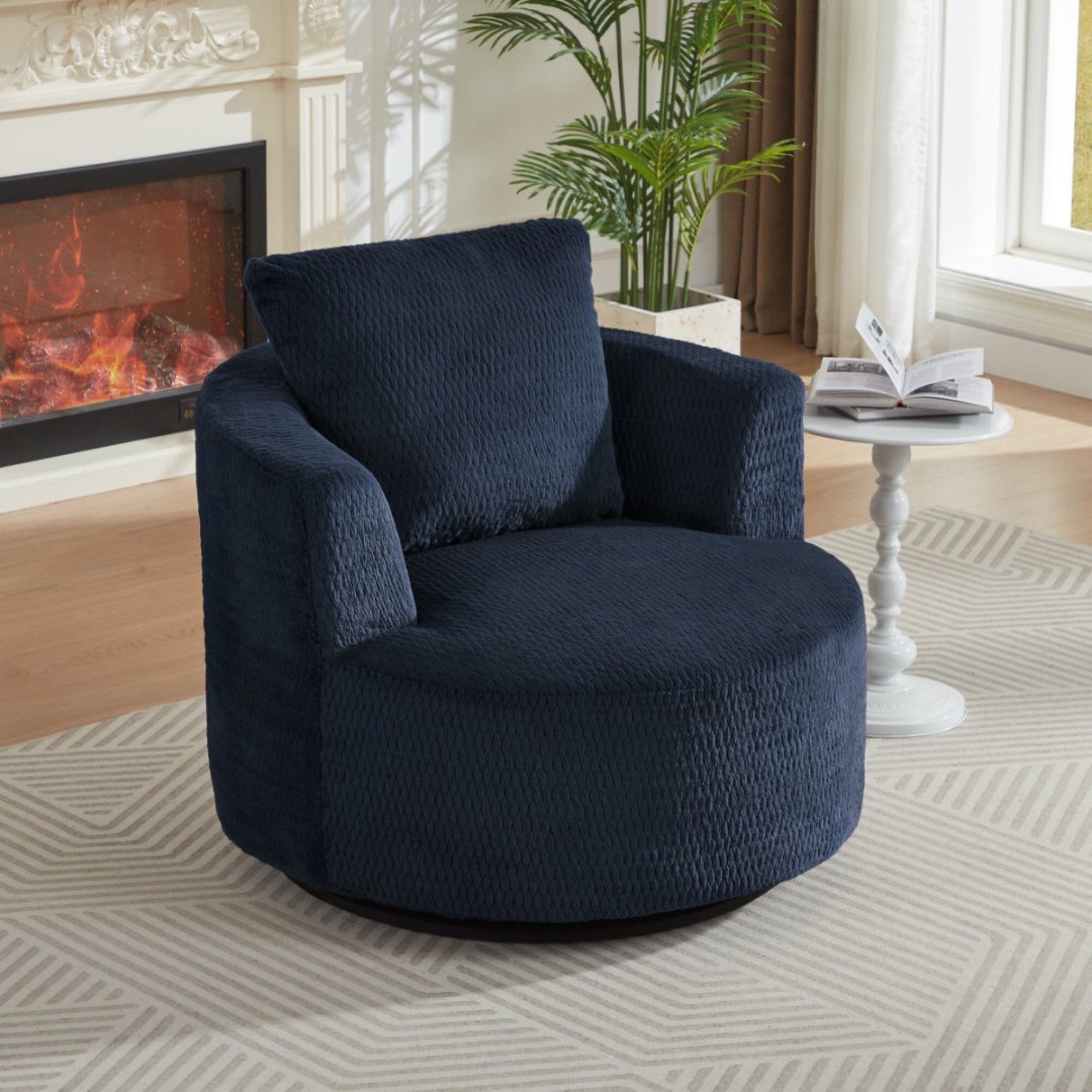 DEALTOPS Compressed 360° Swivel Barrel Chair, Modern Faux Fur Accent Chair with Pillow, Cozy Small Space Lounge, Blue