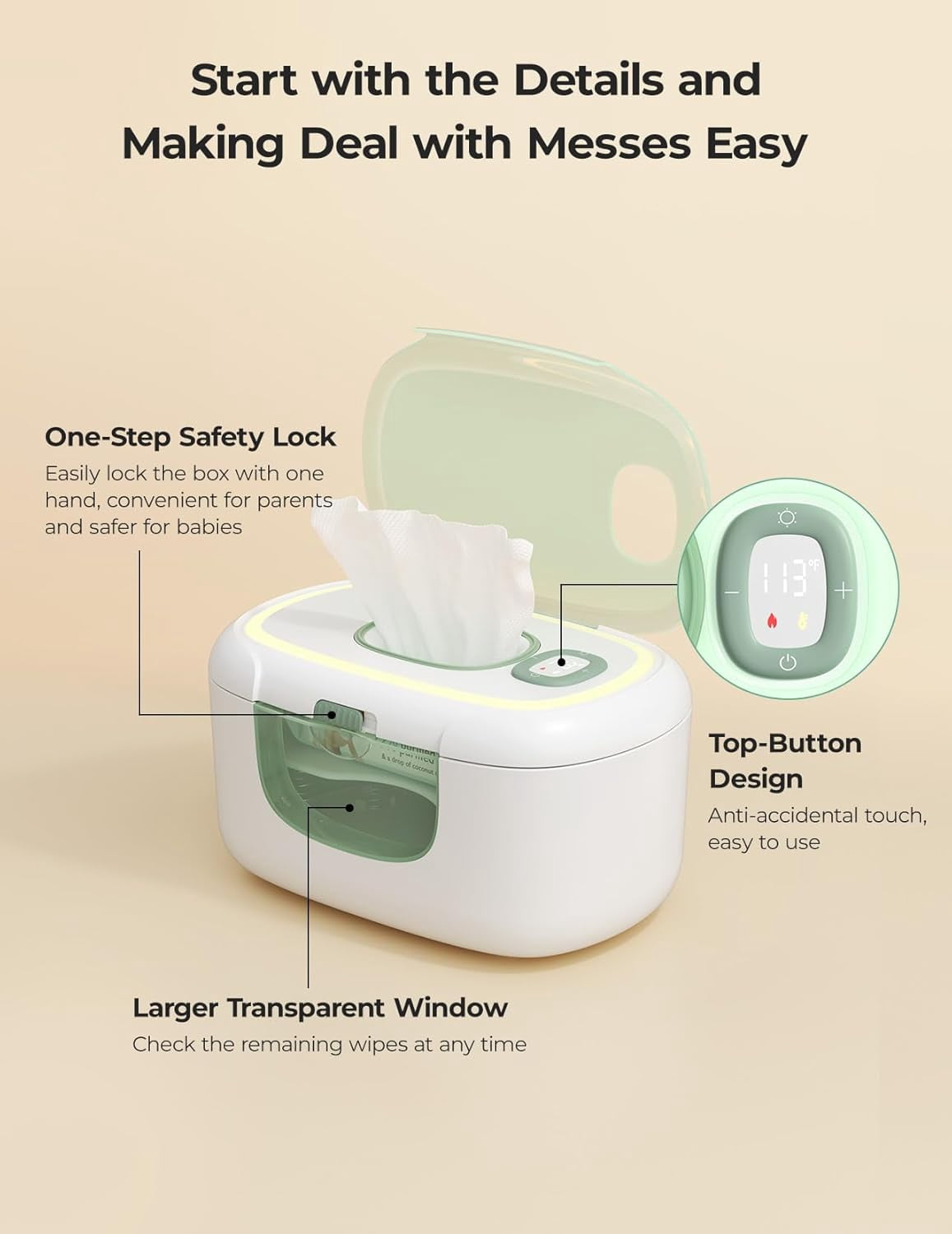 Momcozy New Baby Wipe Warmer, Large Capacity Wipe Dispenser Compatible with 60-80pcs,10-Min Fast Heating,4 Temperature Modes,Innovative Spring Design,Silicone&Top Seals