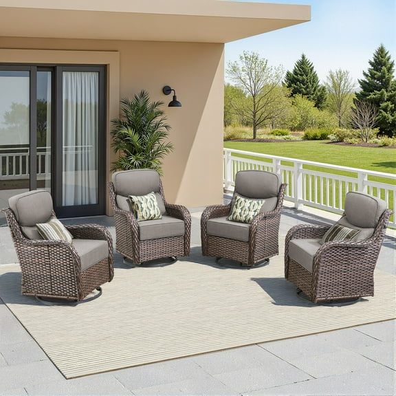 Unnifurnzi Outdoor Swivel Glider Patio Chair-Patio Swivel Chairs Set of 4 with 6 Inch Thick Cushions High Back Patio Chairs for Deck Porch Poolside Balcony-Brown/Gray