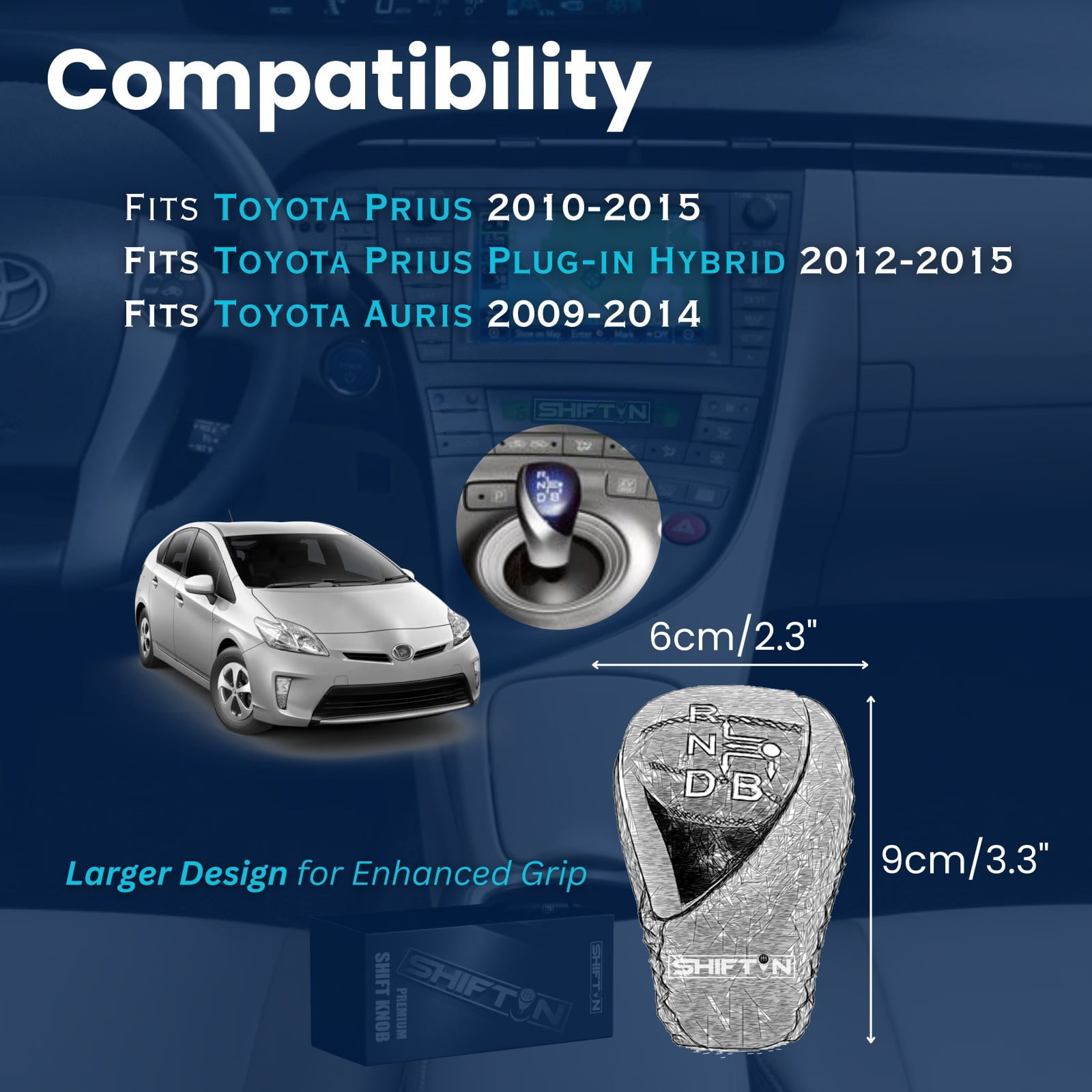 SHIFTIN Big Black Leather & Blue Gear Shift Knob for Toyota Prius Plug-in Hybrid Plug-in