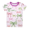 thumbnail image 3 of Jiilone Toddler Girls Outfit Sets Sleepwear Bowknot Print Short Sleeve Tops + Shorts + Pants 3 Piece Pajama Kids Loungewear Elastic Waist Home Clothes, 3 of 5