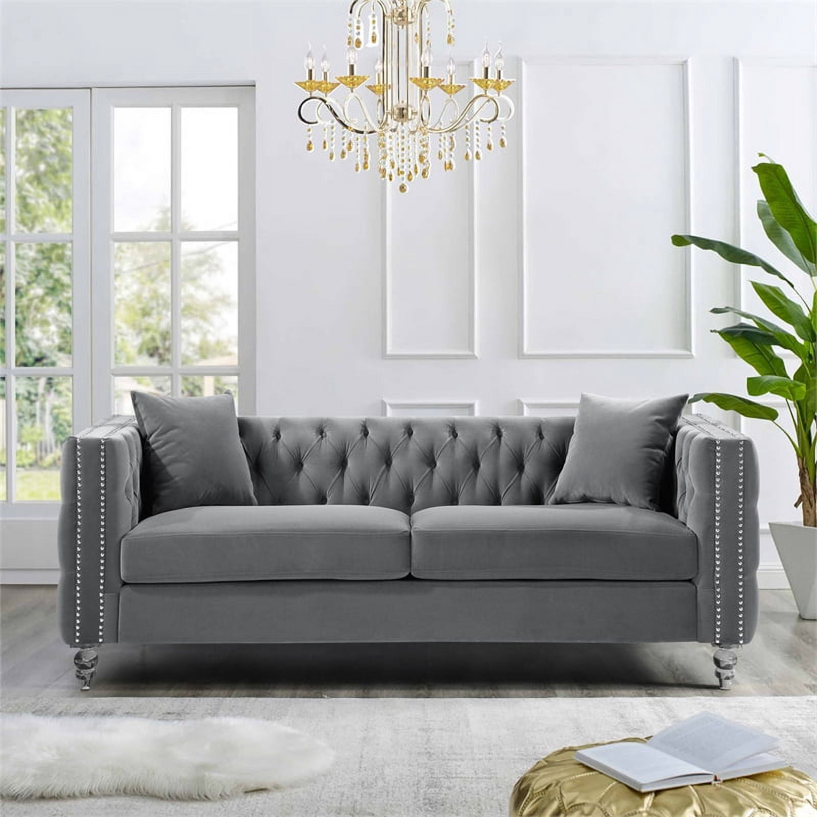 Lexicon Orina Button Tufted Velvet Sofa in Gray