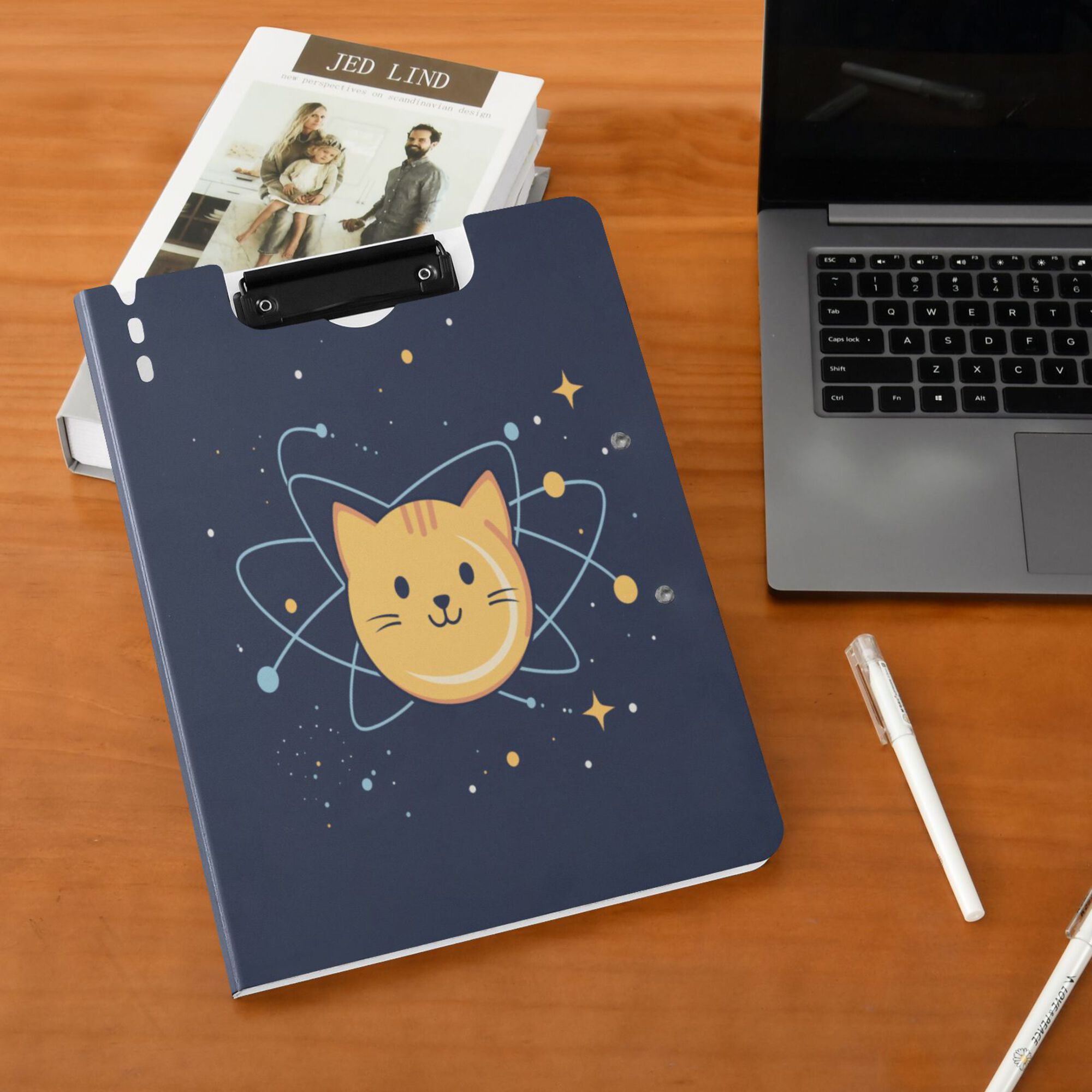FORMRS A4 Clipboard Folder with Pen Holder Horizontal Foldable School Office Binder, Orange Cat Planet