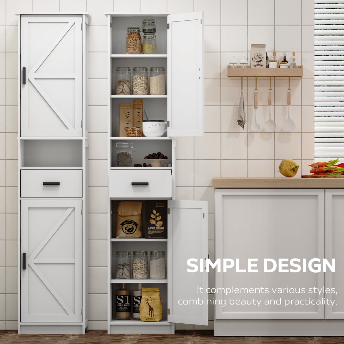 69" H Tall Bathroom Storage Cabinet with 2 Barn Doors and 1 Drawer, Narrow Storage Unit with Adjustable Shelves, Floor Cabinet for Bathroom Living Room Entryway, White
