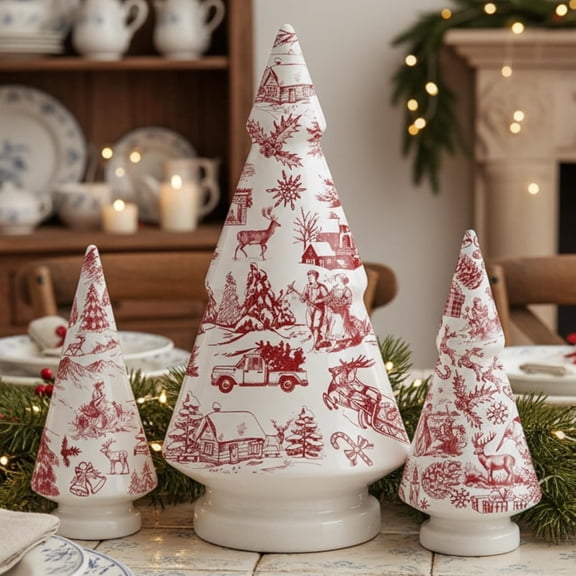 3 Pcs French Country Style Christmas Tree Ceramic Figurine Red and White Xmas Tree Decor Chinoiserie Porcelain Mini Chic Ceramic for Village (Red Christmas Style, 6, 8, 10 Inch)