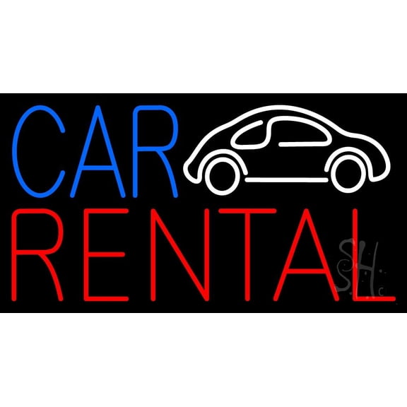 Blue Car Red Rental With Logo LED Neon Sign 20 x 37 - inches, Clear Edge Cut Acrylic Backing, with Dimmer - Bright and Premium built indoor LED Neon Sign for automotive store, and mall.