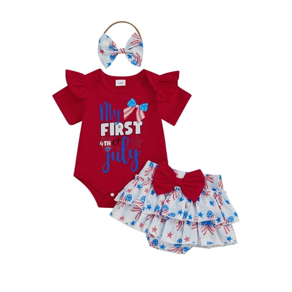 BemeyourBBs Newborn Baby Girl My First 4th of July Outfit Patriot Independent Day Summer Clothes Letter Print Flying Sleeve Romper Star Bow Tiered Ruffled Shorts Skirt Headband Set