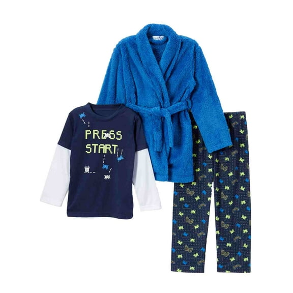 Toddler Boys Plush Blue Gamer Hoodie Bath Robe & Pajamas Sleep Set 2T