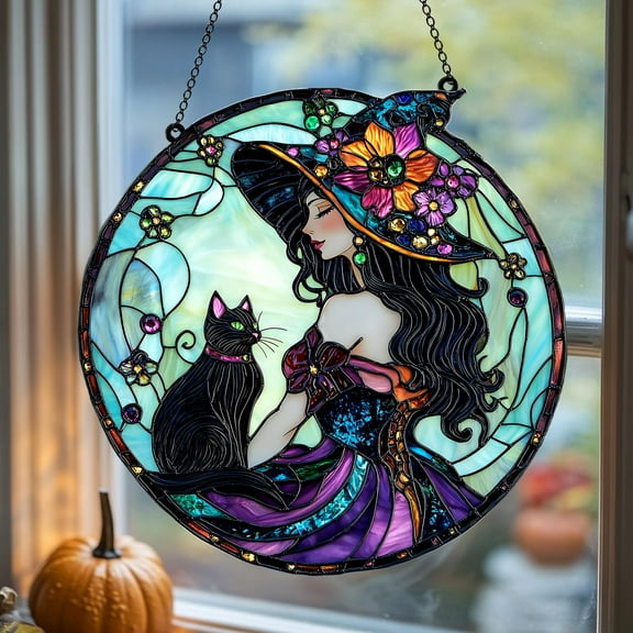 Floral Witch & Cat Acrylic Suncatcher, Art Nouveau Faux Stained Glass Window Hanging, Whimsical Pagan Gift Spooky Season Decor