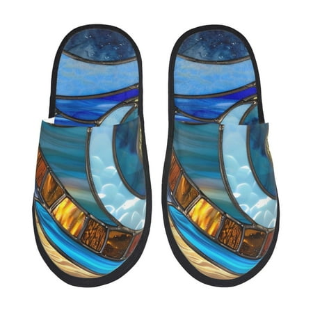 Balery Stained Glass Ocean Wave Slient Indoor Furry Fleece Comfort House Shoes Soft Non-Slip Home Shoes Cotton slippers House Slippers-- Large