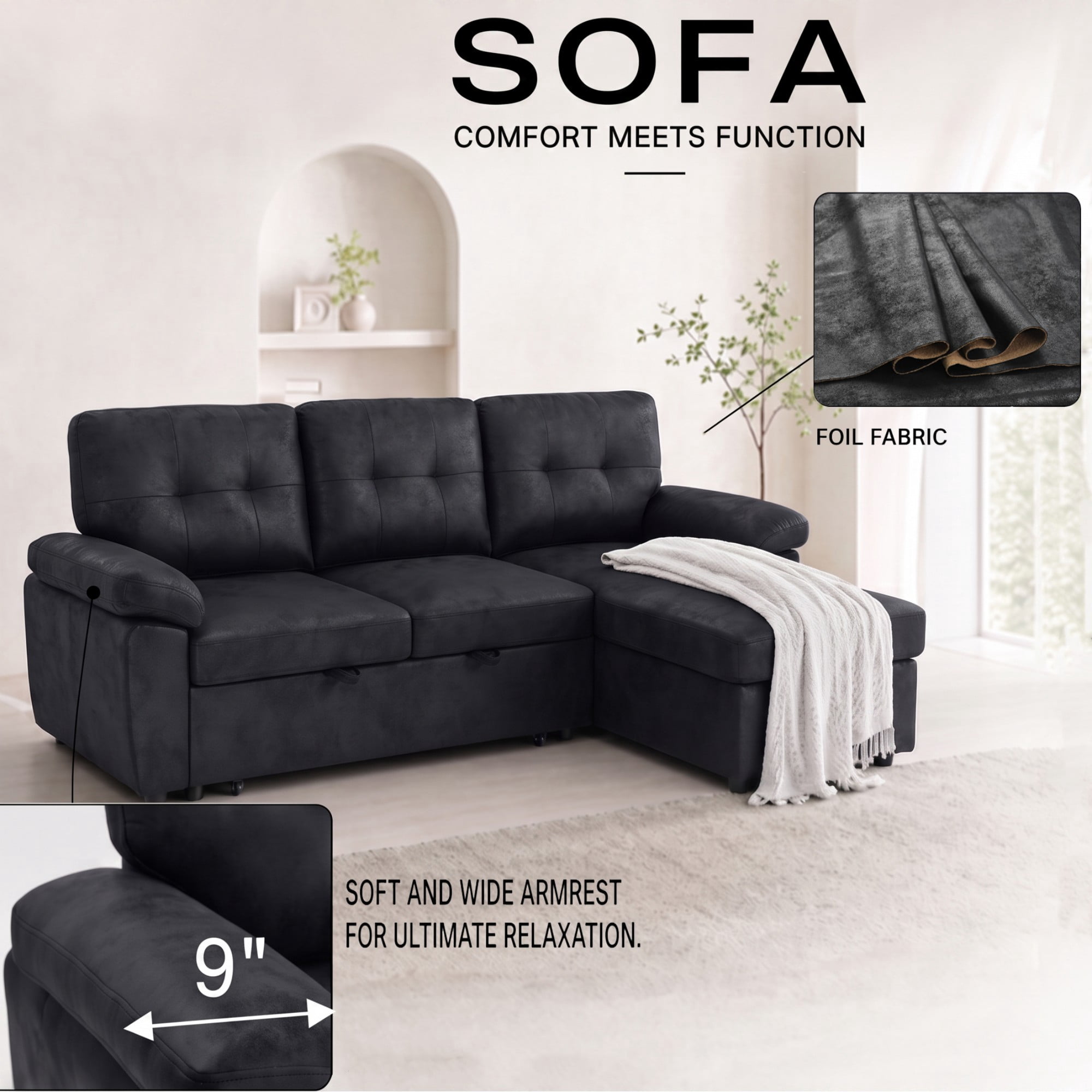 BSHTI 88.5" Polyester Fabric L-Shaped Sectional Sleeper Sofa Bed with Pull-Out Bed, Storage Chaise for Living Room( Light Brown)