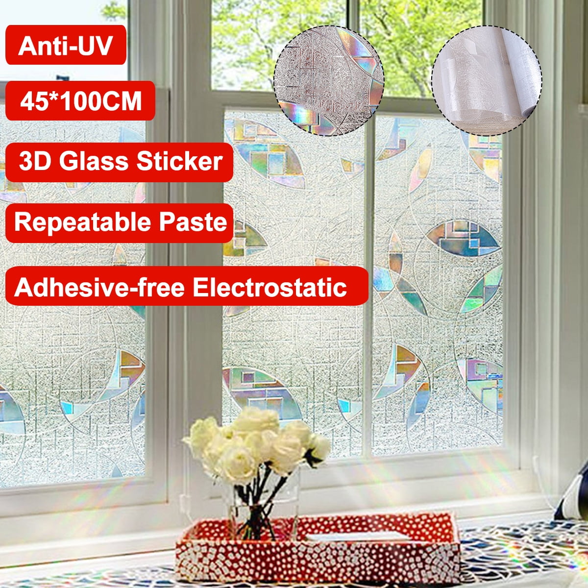 1Pcs 18"x35" 3D Privacy Window Films Frosted Film Sticker Non Adhesive Static Cling Reusable Glass Film for Home Office, Reusable Film