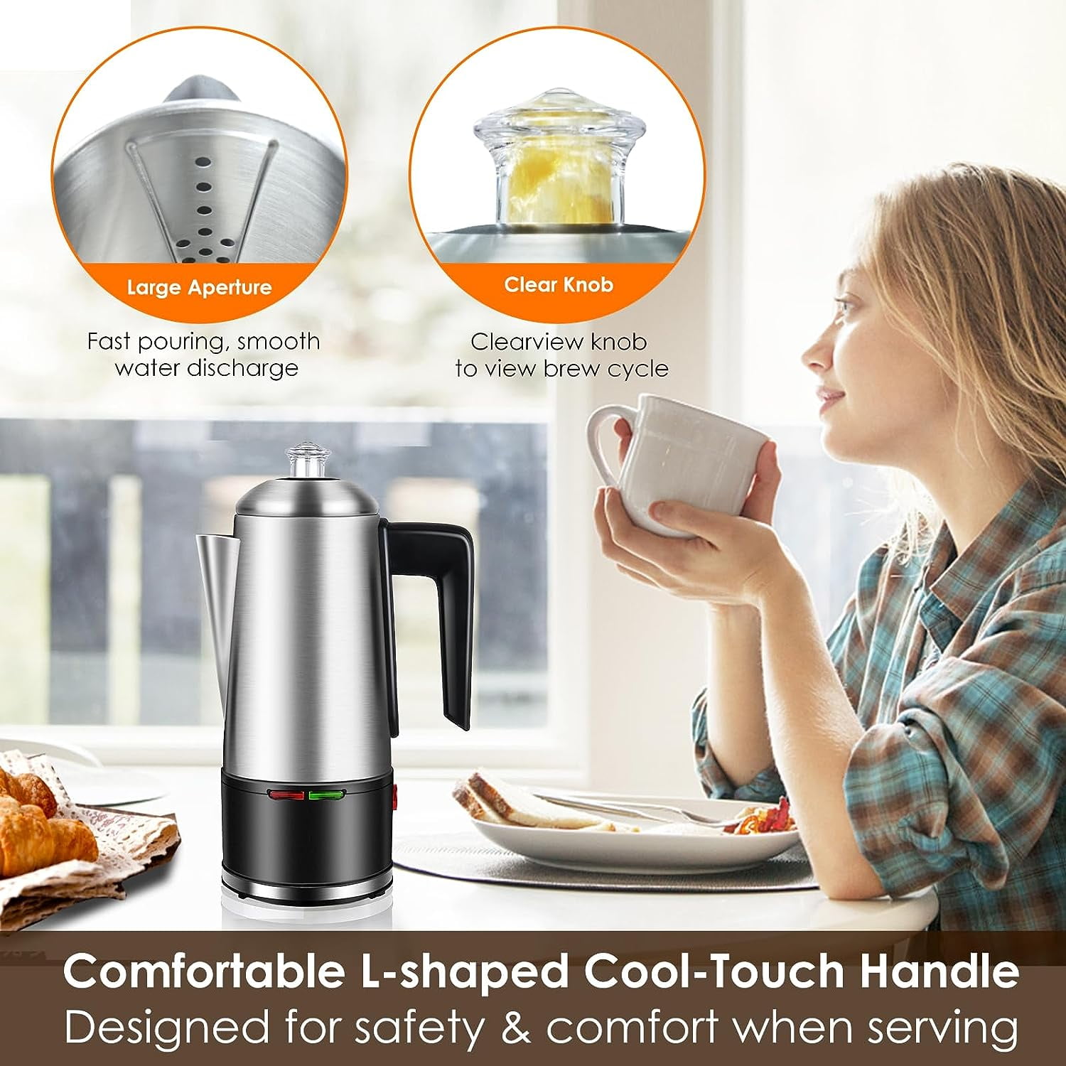 Electric Coffee Percolator 12 CUPS Percolator Coffee Pot,800W Percolator Coffee Maker Stainless Steel with Clear Knob Cool-touch Handle,Coffee Pot Percolator Auto Keep Warm Function