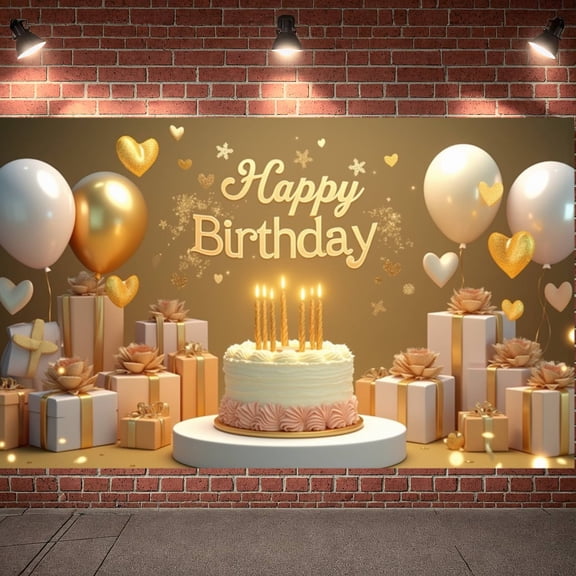 Gold Theme Banner Pastel Color Birthday Party Display Balloon Decoration Cake Design Party Backdrop for Birthday Party Indoor Decoration Photo Shoot