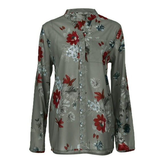 Plus Size Top for Women's Long Sleeve Blouse Floral Henley Shirt ALS Supplies Button Down Tunic Top