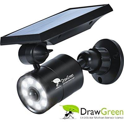 solar lights outdoor motion sensor,1400-lumens bright led spotlight 5w(110w equiv.)drawgreen solar lights outdoor wireless security lighting for porch patio garden,aluminum solar powered lights(black)