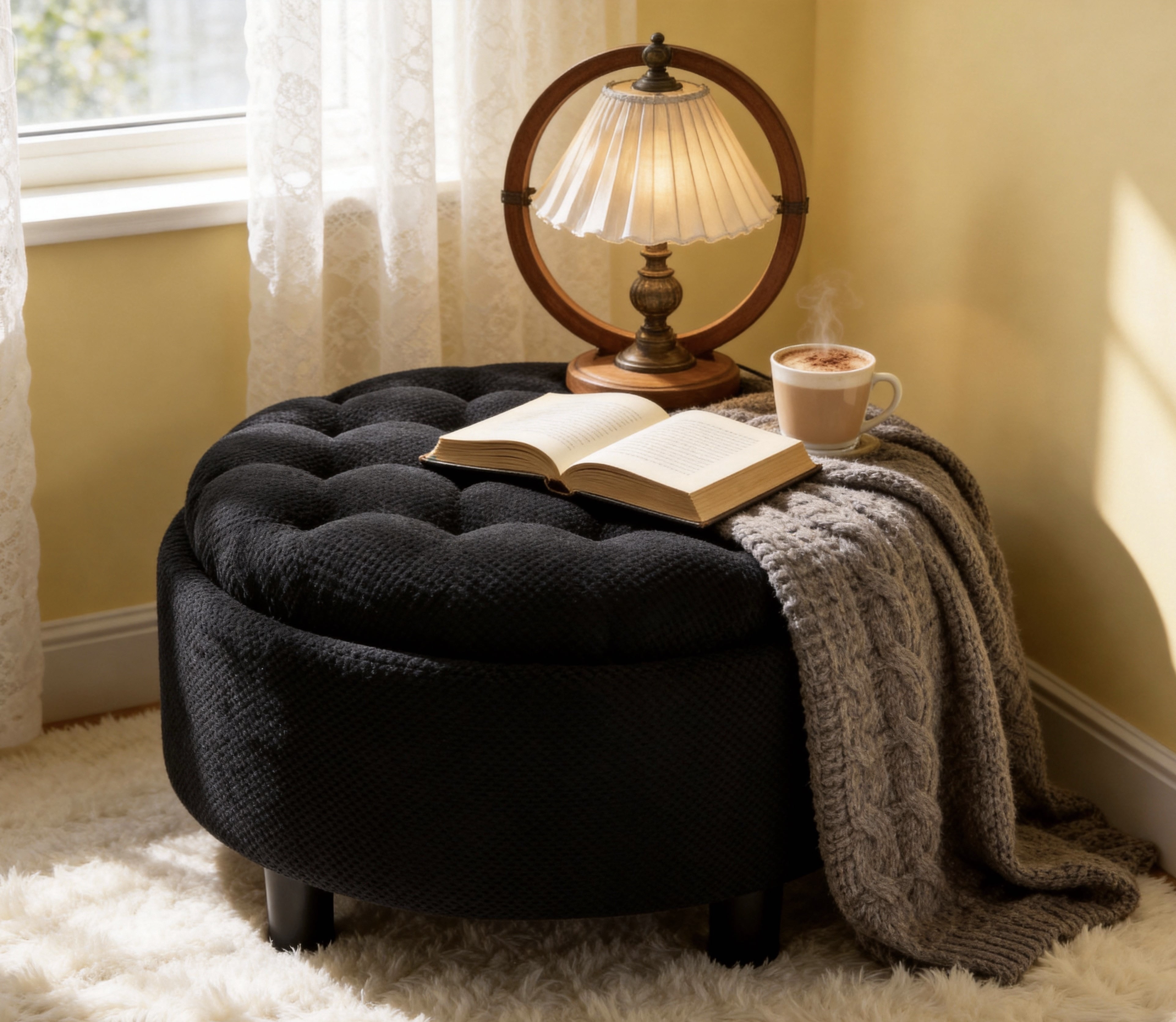 Leumius Storage Ottoman Bench,Round Coffee Table Ottoman,Wooden Top Side Table with Hidden Storage for Living Room,Bedroom,Black