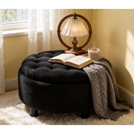NeoKo Modern 25-Inch Round Storage Ottoman with Removable Tray - Tufted Upholstered Coffee Table & Extra Seat Large Storage for Living Room Bedroom.Black